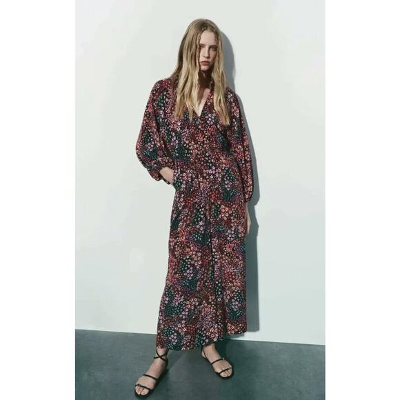 ZARA Black Floral Print Long Sleeve Wide Leg Jumpsuit Smocked Waist Size Small - Picture 1 of 6